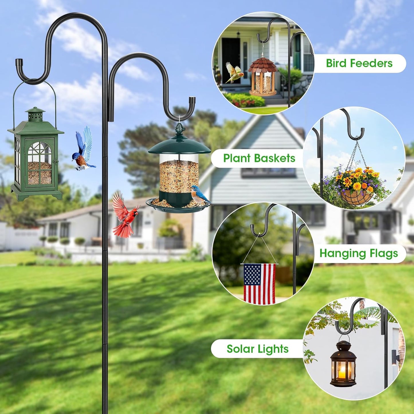 Skiennix 79-Inch Double Shepherds Hooks - Heavy Duty Bird Feeder Pole with 5-Prong Base for Lanterns & Hummingbird Feeders
