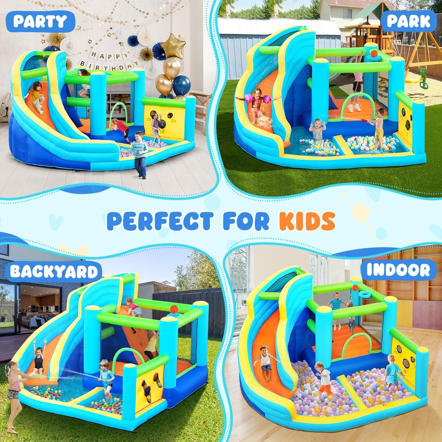 FBSPORT Inflatable Bounce House, Water Slide Park Slide Bouncer with Ball Shooting, Climbing Wall, Jumping and Splash Pool, Kids Bouncy Castle with 450W Air Blower for Outdoor Backyard