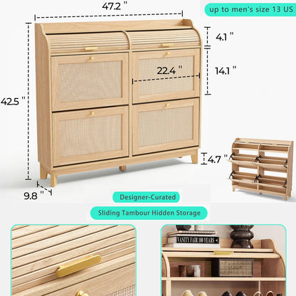 LINSY Shoe Storage Cabinet, Rattan Shoe Cabinet Wood Shoes Rack Cabinets with Sliding Tambour Door, Large Flip Drawer Shoe Cabinet Boho Hidden Shoe Storage for Entryway, Front Door, Hallway, Oak