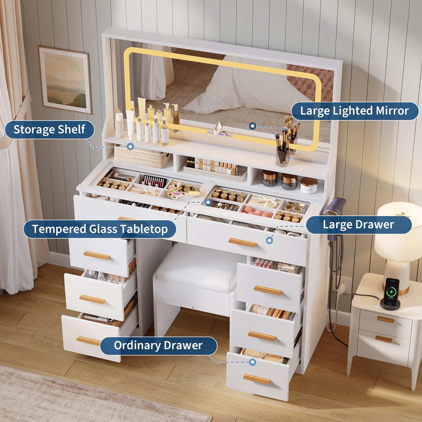 MilleLoom Vanity Desk with Large Mirror & Lights, Makeup Vanity Desk with 8 Drawers & 3 Storage Shelves, Makeup Vanity Table Set with Transparent Glass Top, Stool & Power Outlet for Bedroom, White