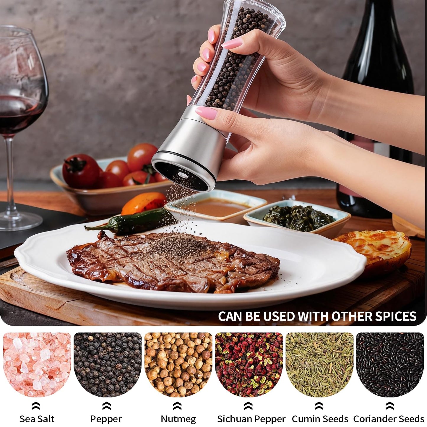 Premium Salt and Pepper Grinder Set of 2, Refillable Stainless Steel Spice Shakers with Adjustable Coarseness, Easy Clean Durable Ceramic Mills, Include Silicone Funnel & Cleaning Brush (7.5"H-2 Pack)