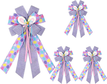 Skiennix Large Purple Spring Bows - 21x11 Inch Bunny Tree Topper Wired Ribbon Decor | 4 Pcs Set