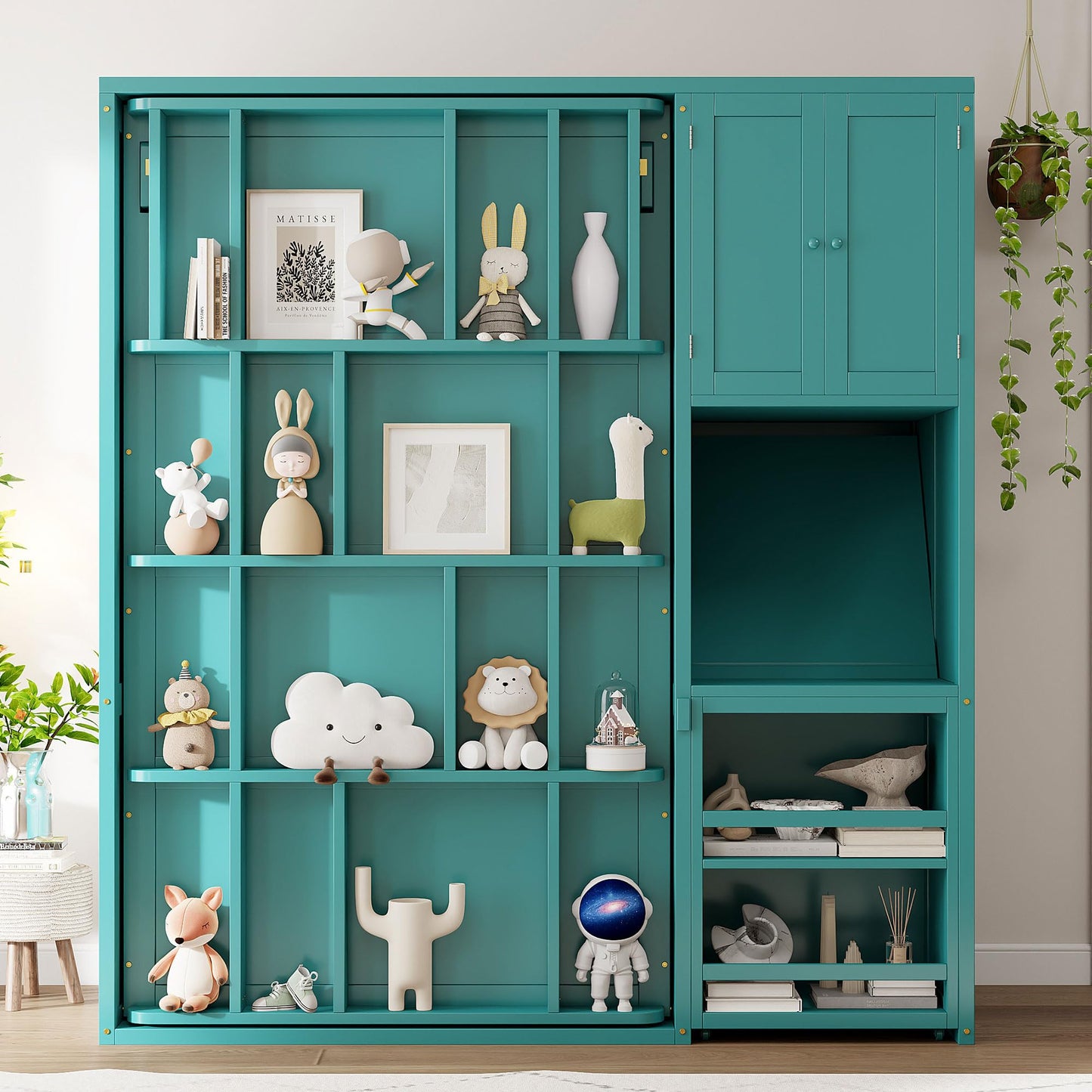 Merax Twin Size Rotating Wall Murphy Beds, Wood Folding Murphy Wall Bed with Bookshelf, Top Cabinet, Extendable Desk & Side Storage, Teal