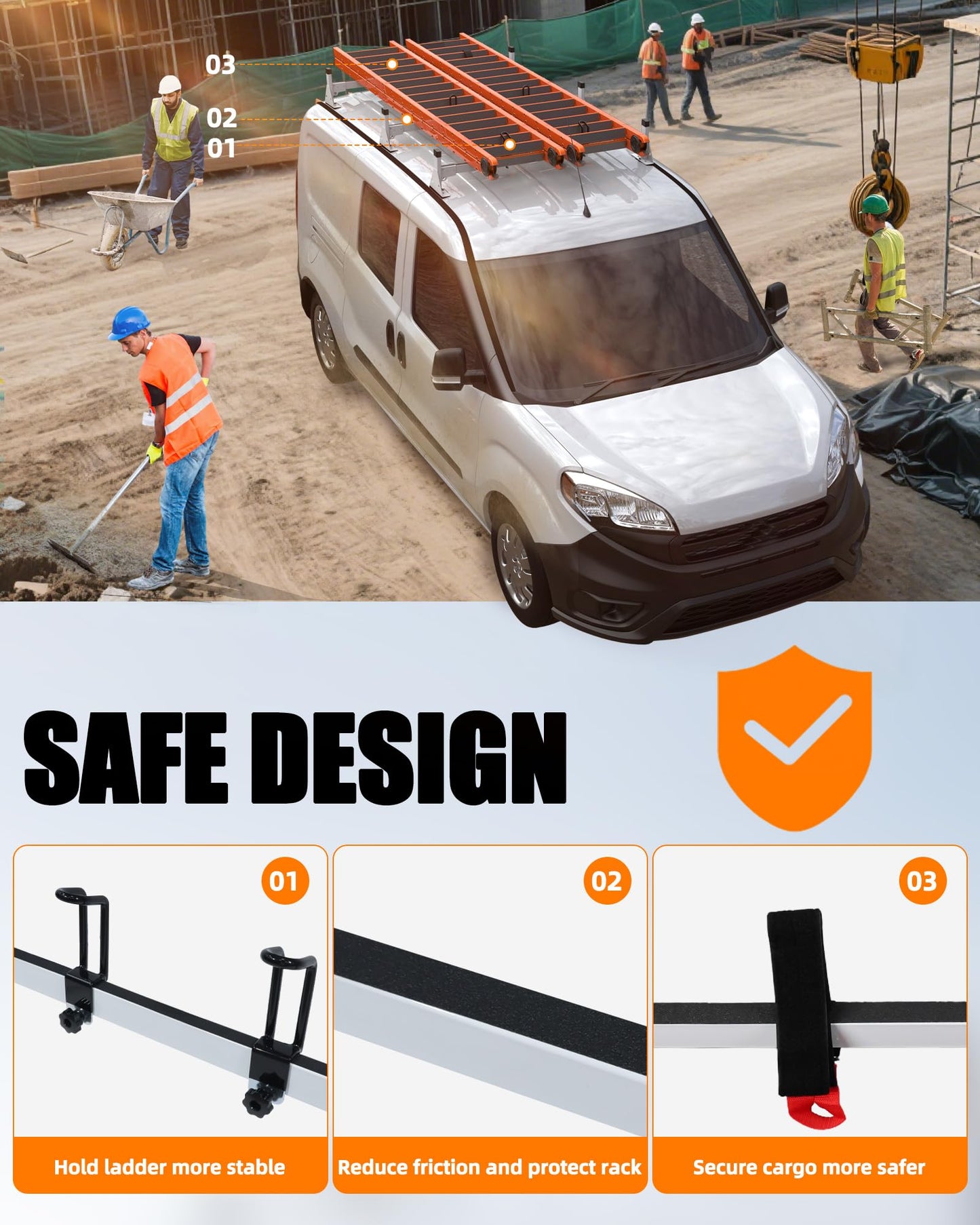 MELIPRON Cargo Van Roof Ladder Rack Fit for RAM ProMaster City 2015-2024 3 Crossbars