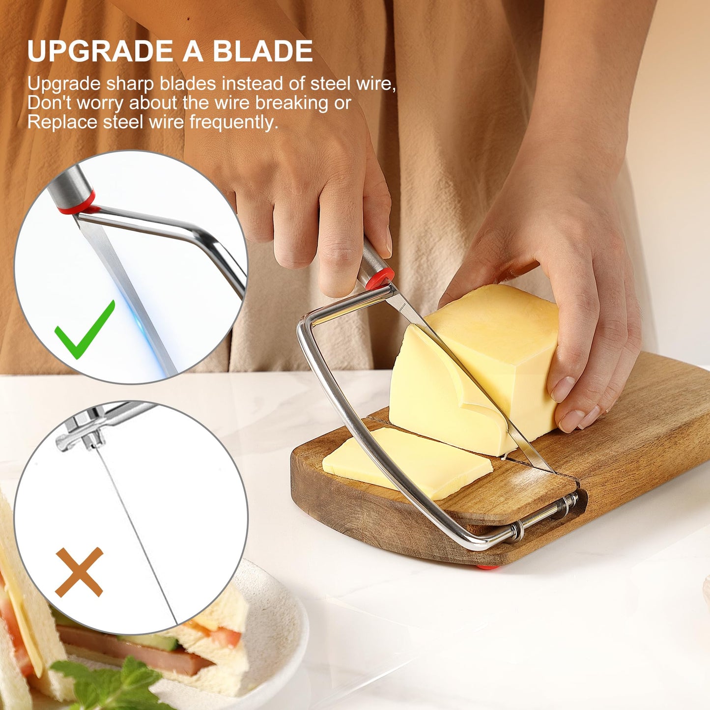 DGLOZE Wooden Cheese Slicer, Cheese Cutter Board with Stainless Steel Blade for Block Cheese, Vegetables, Butter, Sausages, Bread