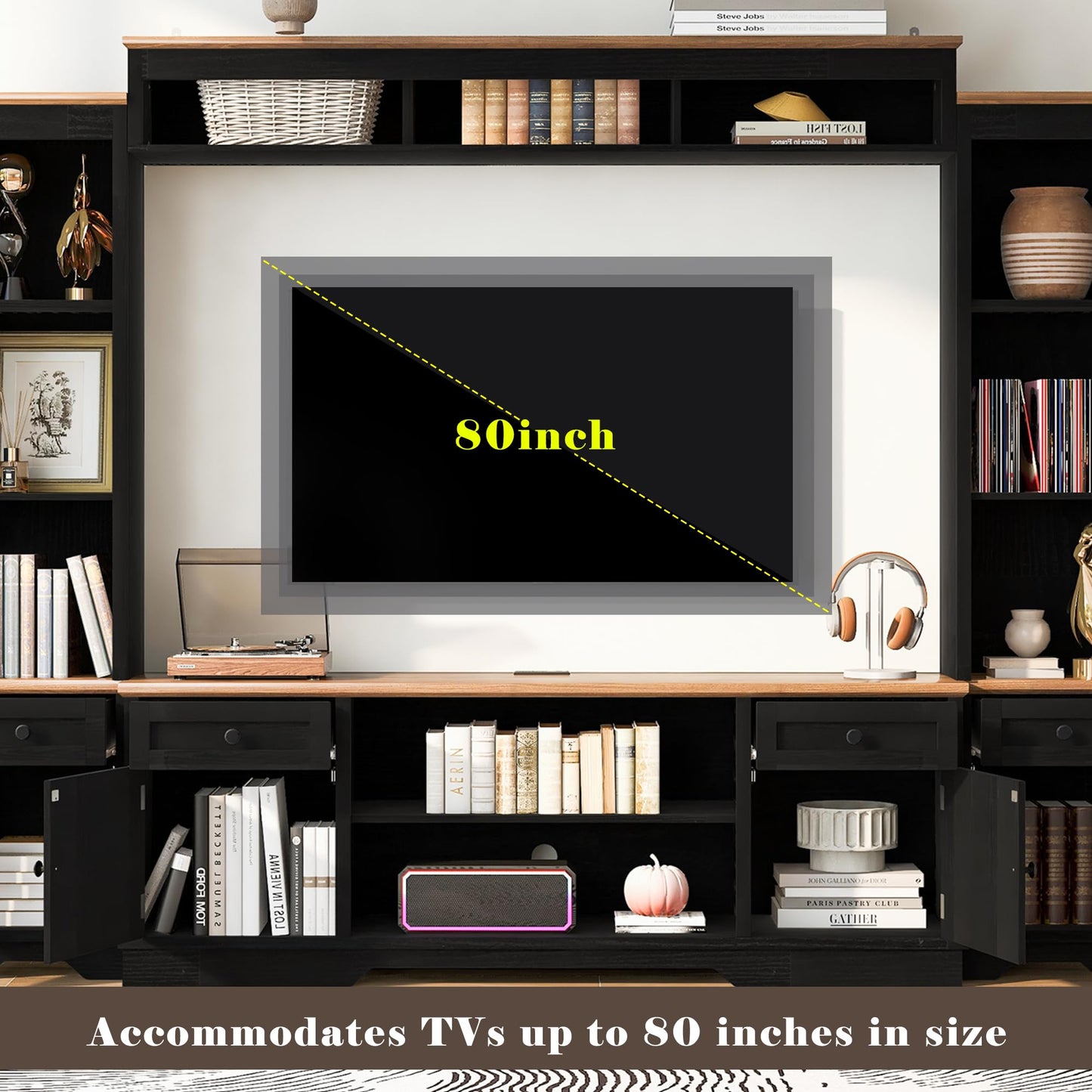 Merax 98.8" W Black Entertainment Center with Bookshelves for Living Room, Wooden Wall Unit TV Stand with Storage for TVs up to 80", Media Console with Drawers, Outlets, Cabinets & Adjustable Shelves