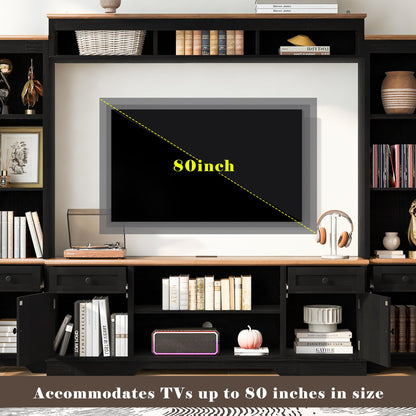 Merax 98.8" W Black Entertainment Center with Bookshelves for Living Room, Wooden Wall Unit TV Stand with Storage for TVs up to 80", Media Console with Drawers, Outlets, Cabinets & Adjustable Shelves