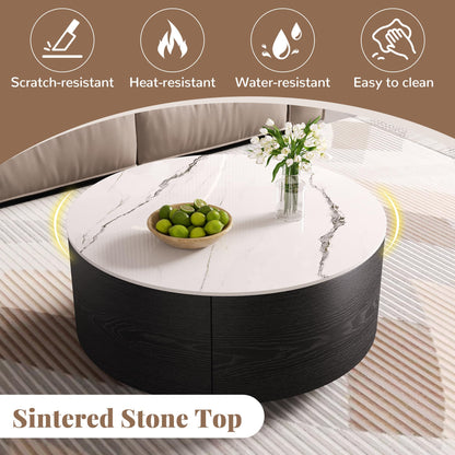 Merax Round Coffee Table for Living Room 29.5" Movable Coffee Table with Casters and 2 Storage Drawers, Marble Pattern Sintered Stone Top, Black and White