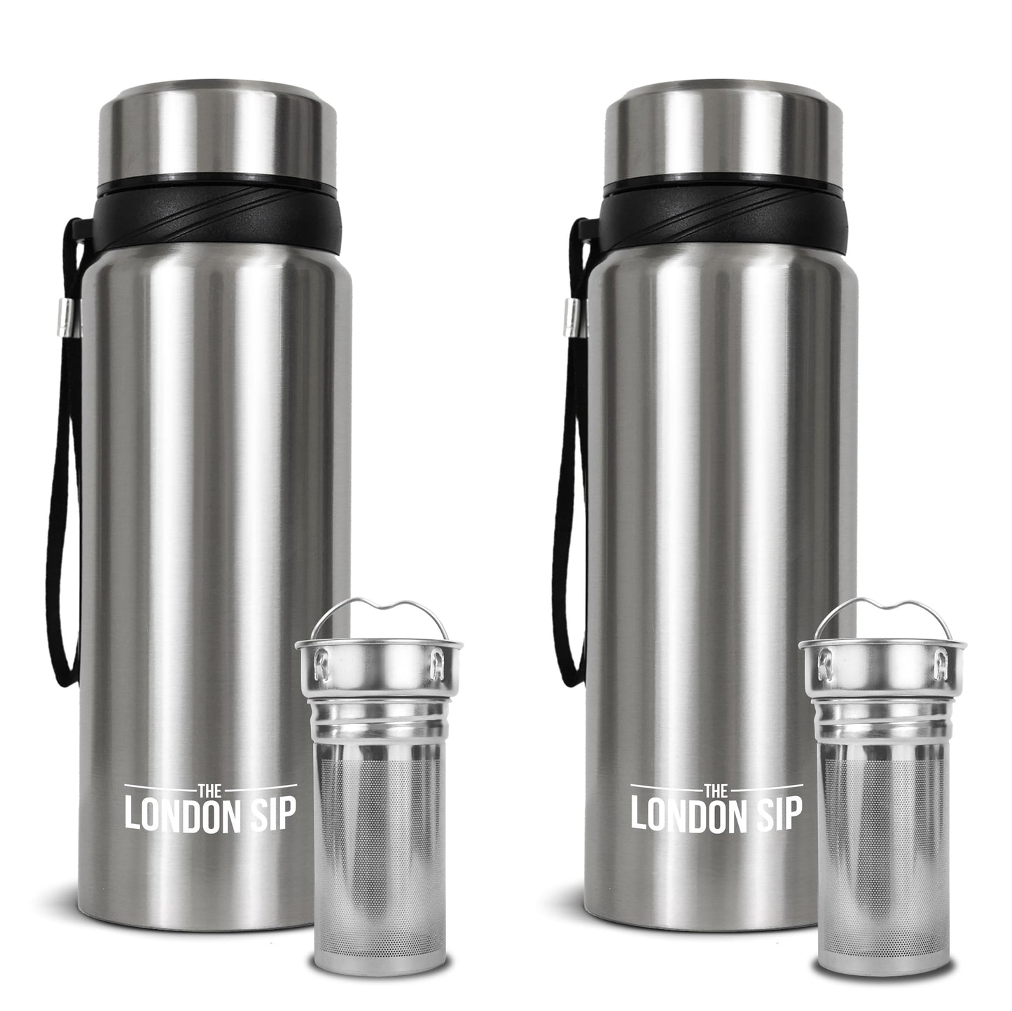 The London Sip 25 oz Multi-Function Travel Mug and Tumbler Tea Infuser Water Bottle Fruit Infused Flask Hot and Cold Double Wall Stainless Steel Coffee Thermos, Cosmic Silver, Pack of 2