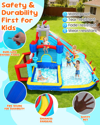 AKEYDIY Inflatable Water Bounce House, 15 x 14 FT Water Slide for Kids,Bouncy Castle Water Park with Deep Splash Pools,Water Cannon&Spray Belt,750W Blower,Ideal for Backyard/Party/Birthday