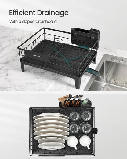 SONGMICS Dish Drying Rack, Kitchen Dish Rack with Drainboard, 360° Rotatable and Extendable Spout, with Cutlery Holder, 12.2 x 16.5 x 7.3 Inches, Ink Black UKCS550B01