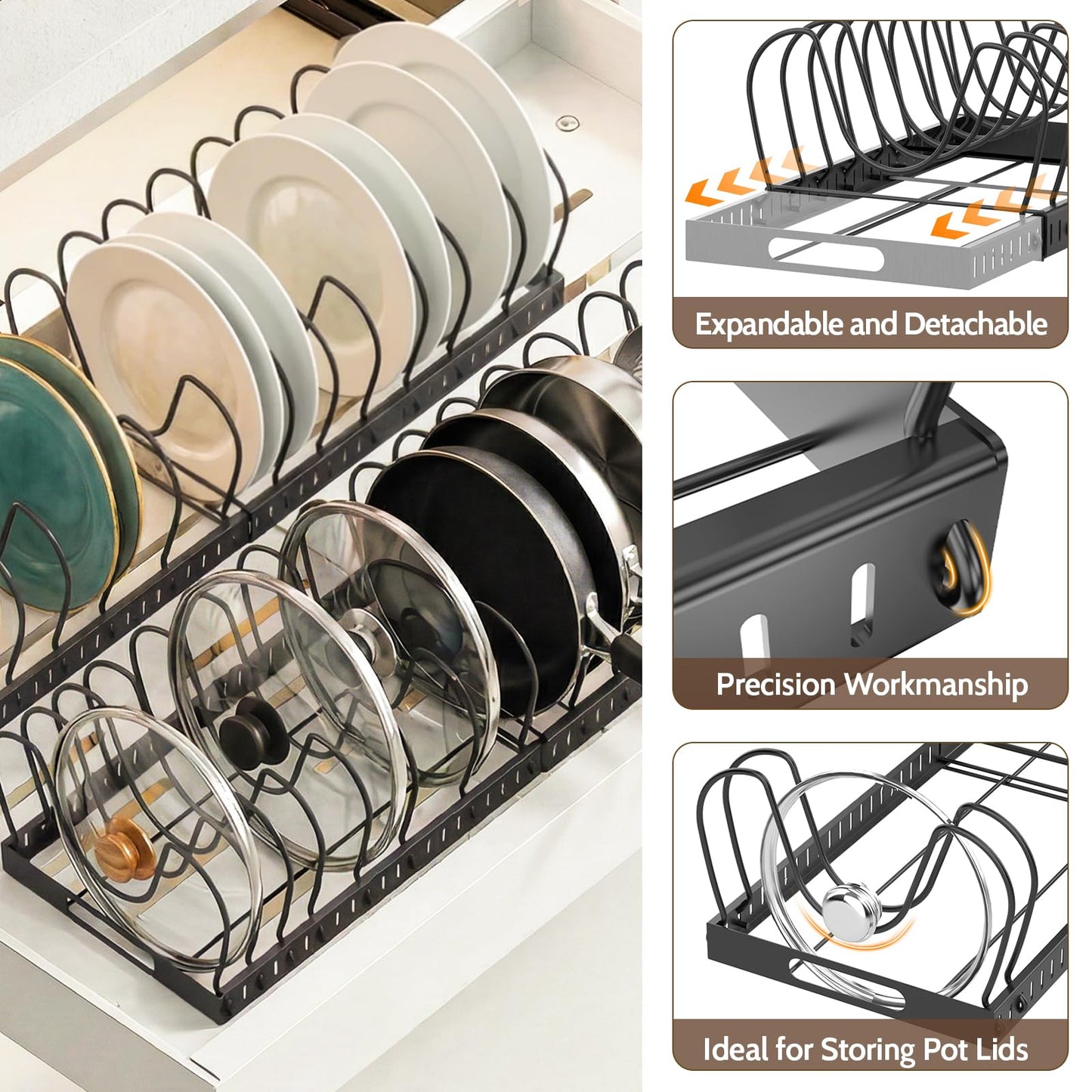 2PACK Expandable (12"-24") Pots and Pans Organizer Under Cabinet with 32 Adjustable Dividers for Kitchen, Pot Lid Organizers Inside Cabinet, Pan Lid Holder, Rust-Resistant Lid Storage, Easy to Clean