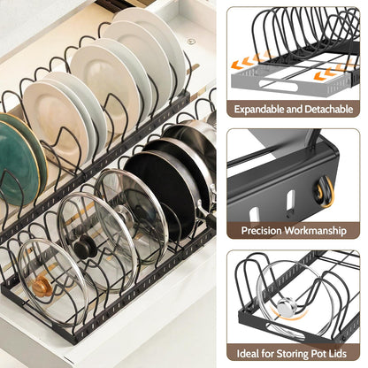 2PACK Expandable (12"-24") Pots and Pans Organizer Under Cabinet with 32 Adjustable Dividers for Kitchen, Pot Lid Organizers Inside Cabinet, Pan Lid Holder, Rust-Resistant Lid Storage, Easy to Clean