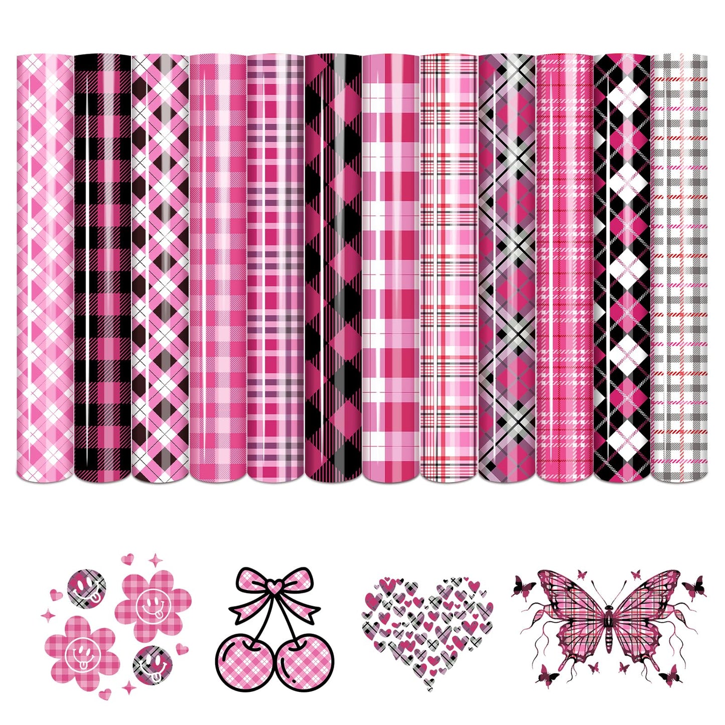 Tintnut Plaid Heat Transfer Vinyl, 12 Sheets 12''x10'' Black Pink Plaid Patterned Iron on Vinyl for DIY Apparel, Bags and Craft Projects