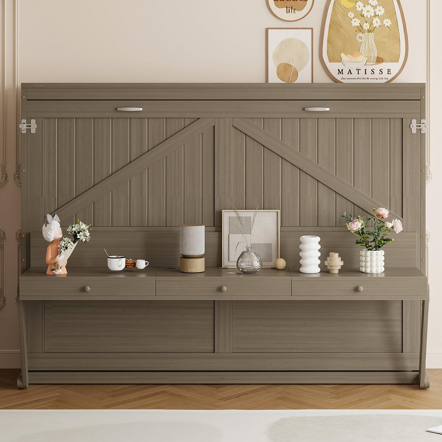 Ball & Cast Murphy Bed Queen W/Built-in Vanity Desk,Murphy Frame Cabinet W/ 2 Side Drawers,Wood Hide Away Wall Bed W/Center Mirror,for Bedroom,Home Office,Home Gym,Distressed Gray