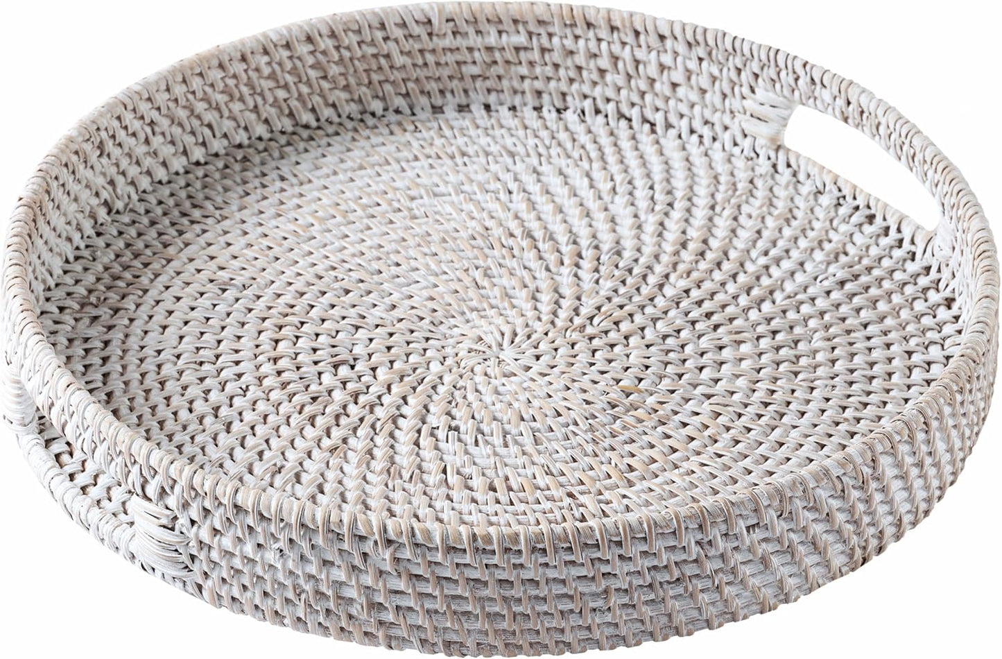 12 Counter JUNGLE CULTURE Handmade Round Wicker Tray Whitewashed Decorative Rattan Serving Basket for Coffee Table