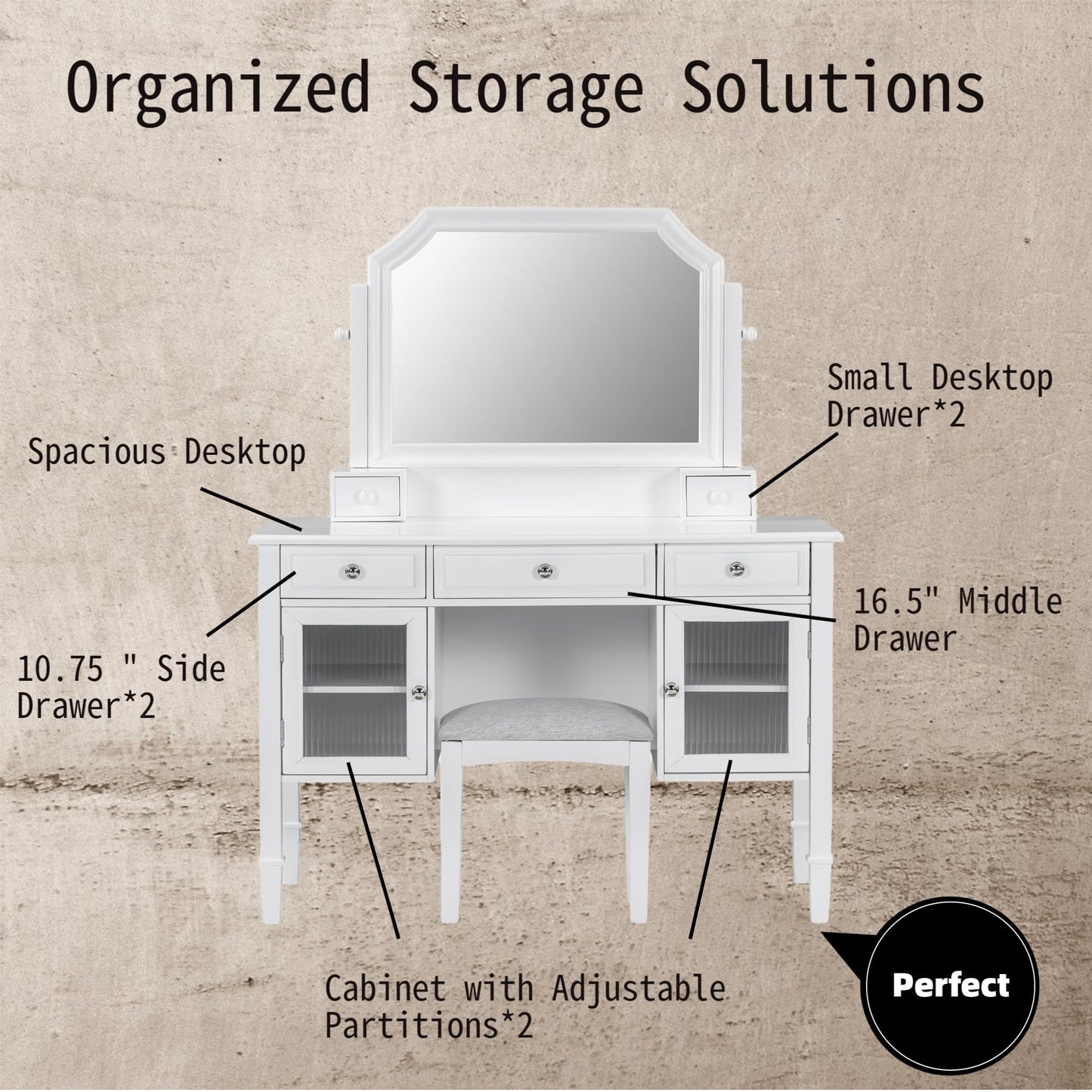 Merax Makeup Vanity Desk with Large Adjustable Mirror & Stool, Minimalist Dressing Table Set with 5 Drawers & 2 Cabinets, Space-Saving Beauty Station for Bedroom Salon Barber Store, White
