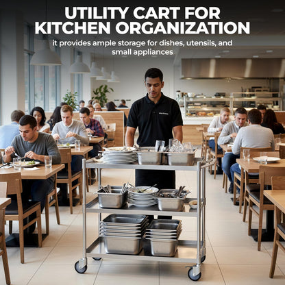 3 Shelf Stainless Steel Tubular Utility Cart | Metal Utility Cart on Wheels with Handle | NSF Certified | (15" Wide X 24" Long X 33" High)