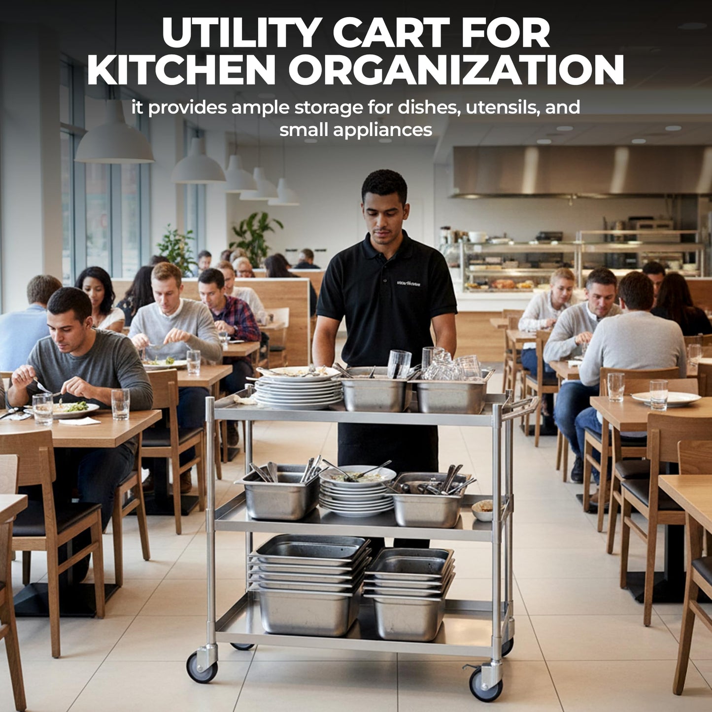 3 Shelf Stainless Steel Tubular Utility Cart | Metal Utility Cart on Wheels with Handle | NSF Certified | (18" Wide X 28" Long X 33" High)