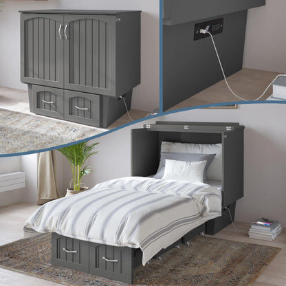 AFI, Nantucket Twin Murphy Bed Chest with Mattress, Storage Drawer and Built-In USB Charger, Grey