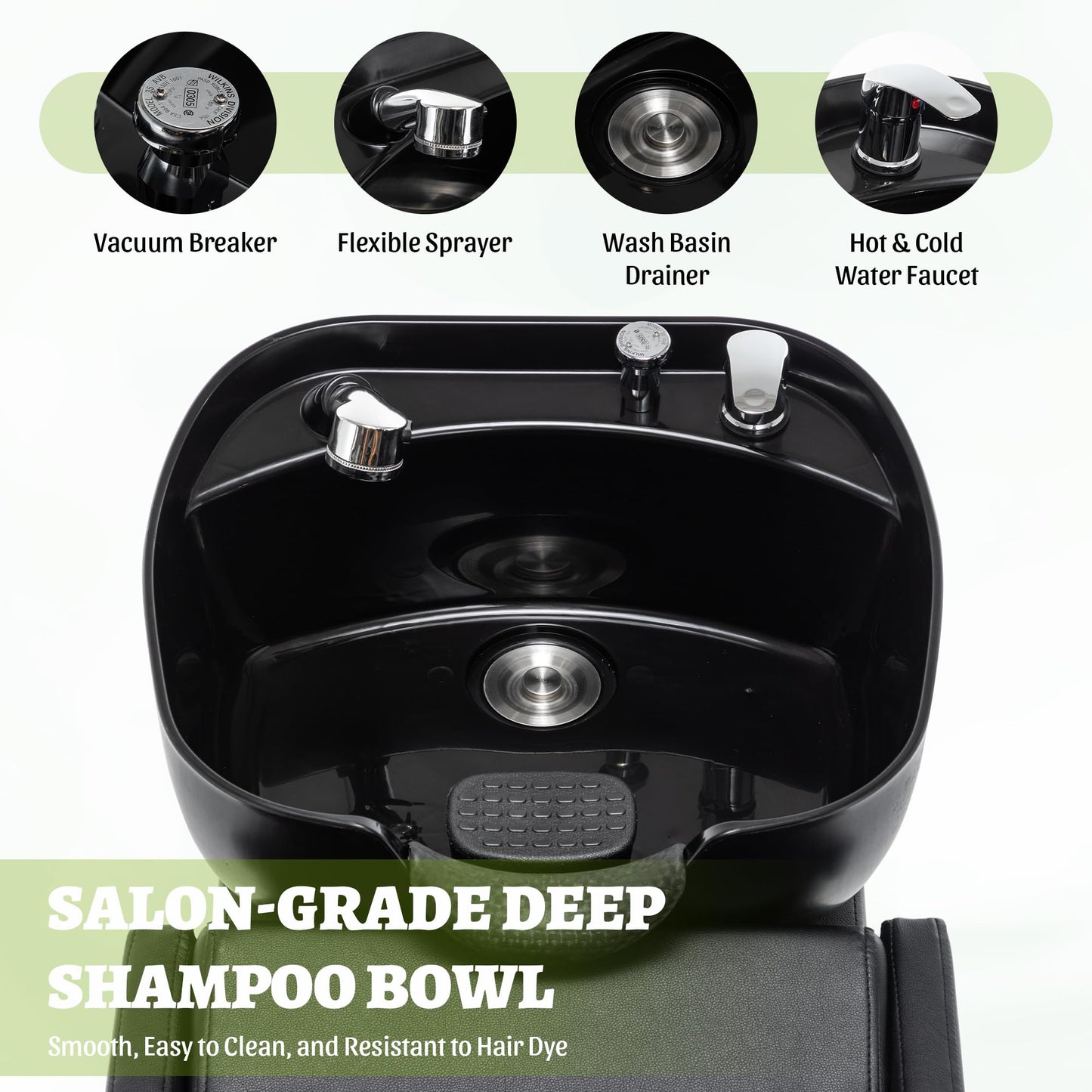 KEIKI Large Shampoo Bowl & Chair Set with Footstool, Black & Gold Barber Backwash Chair, Heavy Duty 300lbs Hair Washing Chair with Deep ABS Basin & Neck Rest for Spa Beauty Stylist
