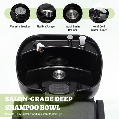 KEIKI Large Shampoo Bowl & Chair Set with Footstool, Black & Gold Barber Backwash Chair, Heavy Duty 300lbs Hair Washing Chair with Deep ABS Basin & Neck Rest for Spa Beauty Stylist