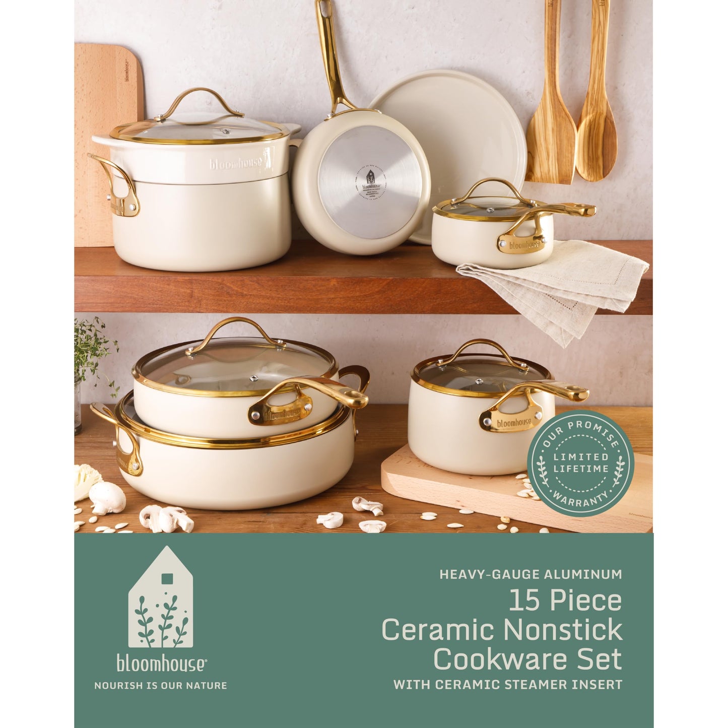 Bloomhouse - Two Time Oprah's Favorite Things Winner - 15 Piece Pots and Pans Heavy Duty Aluminum Premium PFA Free Ceramic Nonstick Cookware Set - Almond Cream w/Gold Handle