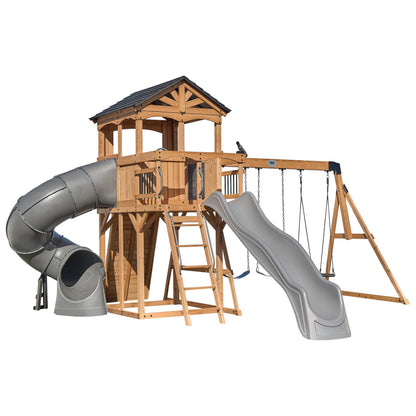 Backyard Discovery Dover Bay Spruce Wood Swing Set with Spiral Tube Slide, Wave Slide, Clubhouse, Rock Wall, Belt Swings, Step Ladder, Toy Telescope, Chalkboard, Outdoor Playset