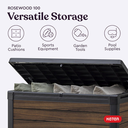 Keter Signature Collection 100 Gallon Resin Deck Box Organization and Storage for Patio Outdoor Cushions, Throw Pillows, Garden Tools and Pool Supplies, Rosewood