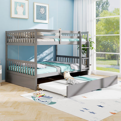 Giantex Full Over Full Bunk Bed with Trundle, Solid Wood Trundle Bed Frame w/Guardrails and Ladder, Convertible to 2 Beds, Full Size Bunk Beds for Adults Kids Teens, No Box Spring Needed, Grey
