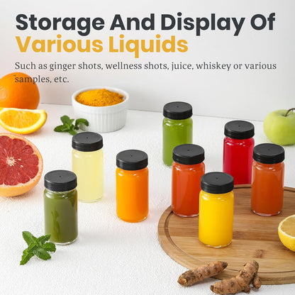 15 Pack 2 oz 15 LANDNEOO Glass Shot Mini Bottles w/Black Lids & Labels - Small Clear Jar for Ginger, Wellness Shot