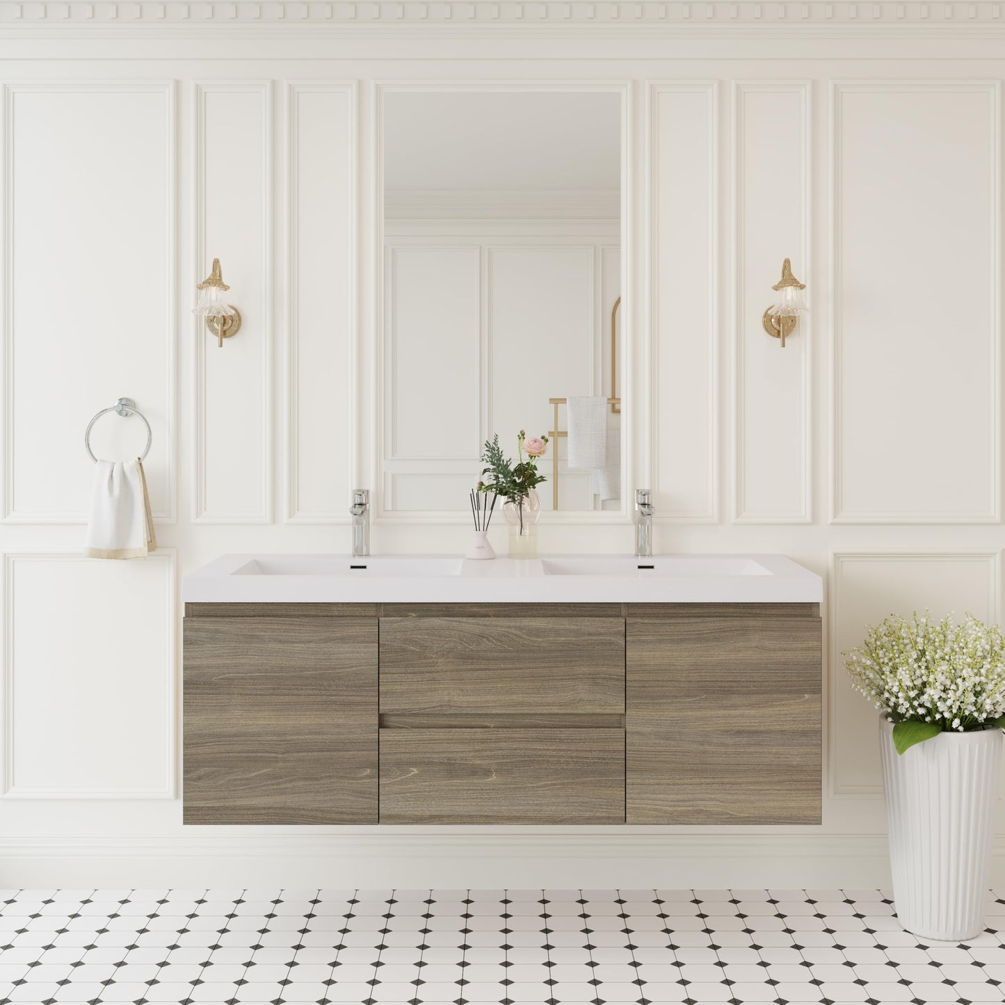 KEIKI 60'' Wall-Mounted Bathroom Vanity with Double Sinks - Floating Design, 2 Soft-Close Drawers & Doors & Resin Basin, Space-Saving for Small Bathrooms, Ash Grey