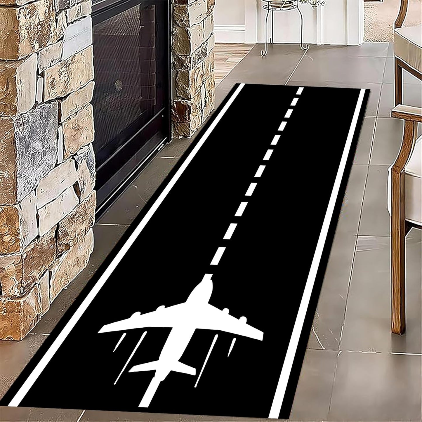 Kuluoits Rug,2x6ft, Runway Track Aircraft Runner Black White Long Runner Rugs Aviation Airport Plane Racing Runway Area