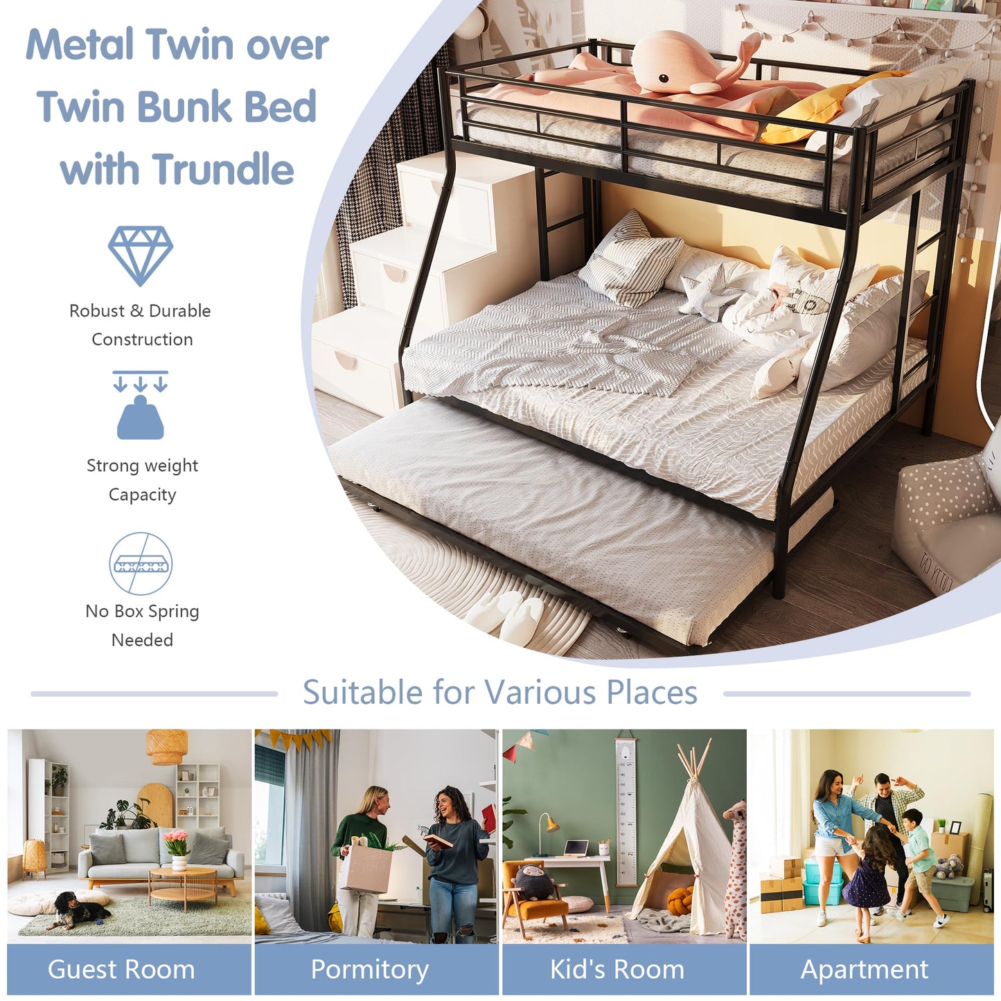 SUNLEI Metal Bunk Beds with Double Secured Ladders, Twin Over Full Bunk Bed with Surrounded Safety Guardrails, Space Saver Twin Beds, Noise Free for Small Bedroom, with Trundle, Black