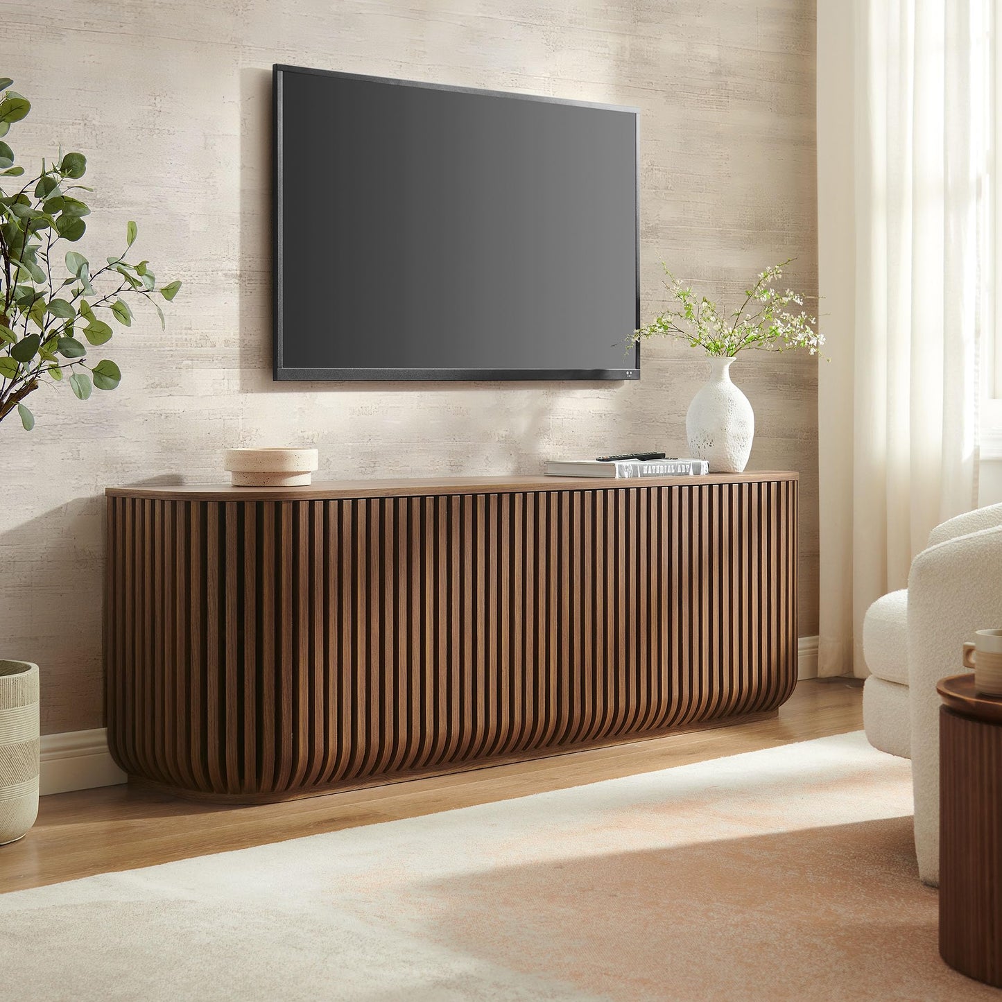 Modway Fortitude 75" Fluted Curved Sideboard Buffet with 4 Doors in Walnut – Modern Media Console TV Stand with Adjustable Shelves and Cable Management – Office Credenza Storage Cabinet