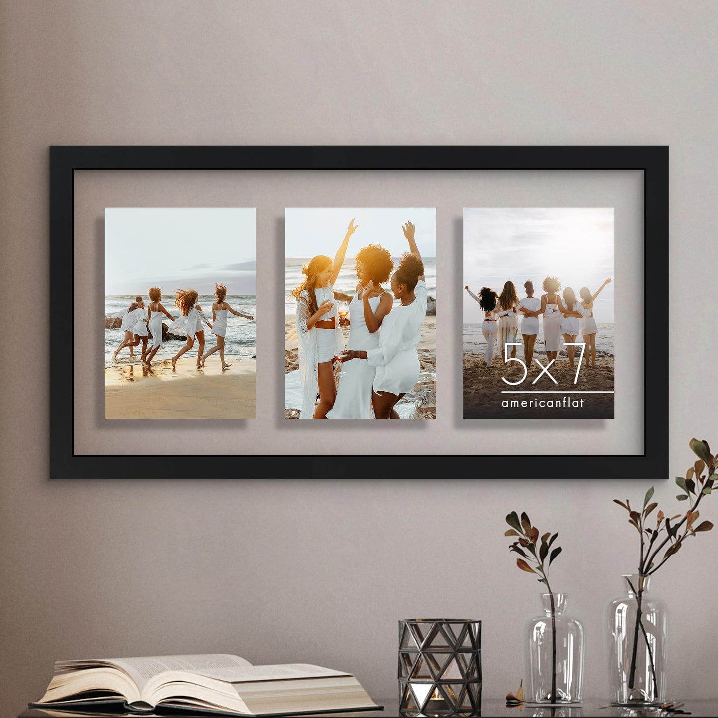 Americanflat 5x7 Picture Frame Collage with Shatter-Resistant Glass - Fits Three 5x7 Photos or use as One 10x20 Picture Frame - Signature Collection - Collage Frames with Floating Effect - Black