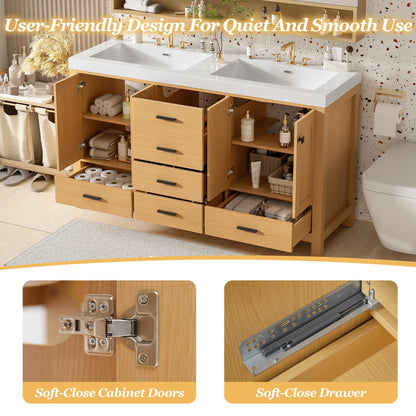 GDFStudio 59.3" Bathroom Vanity with Double SMC Resin Sink, Solid Wood Frame & MDF Cabinet, 4 Doors & 5 Soft-Close Drawers, Adjustable Shelves, Black Handles, Modern Wood Grain Finish