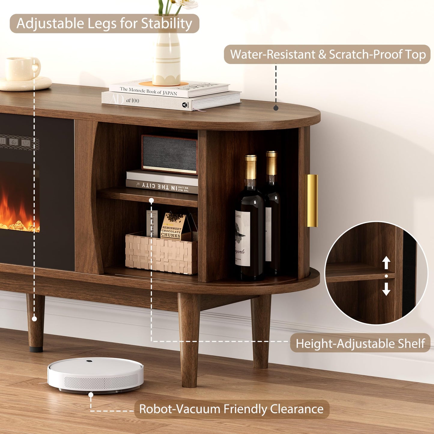 Decofy 70″ Fluted Fireplace TV Stand for 80″ TVs, Remote & Touch Control Adjustable Flame Colors & Temperature, Entertainment Center with Storage, Modern Media TV Console Table for Living Room(Walnut)
