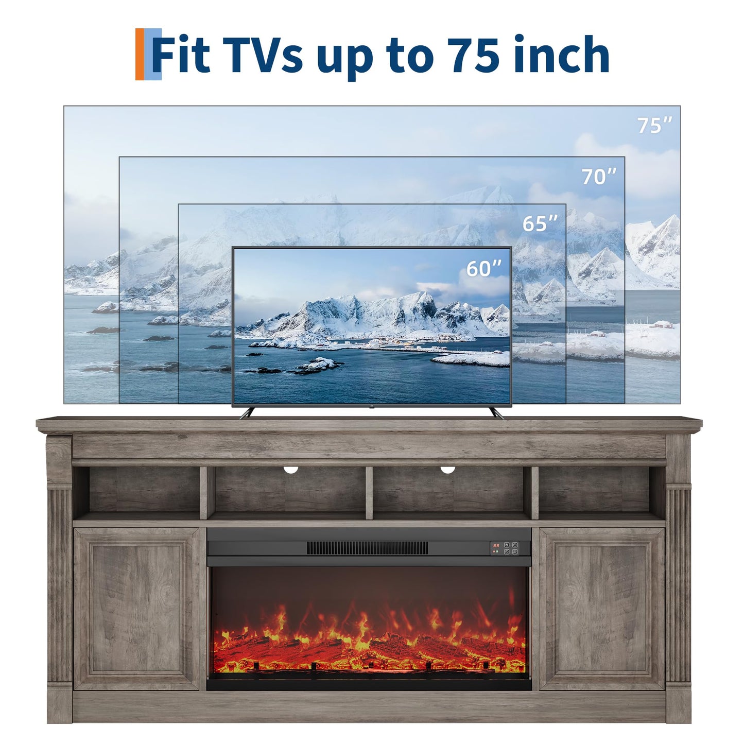 Garvee 68" Farmhouse Electric Fireplace TV Stand, Entertainment Center with Open Storage Cabinets for TVs up to 75", Media Console for Living Room,Grey