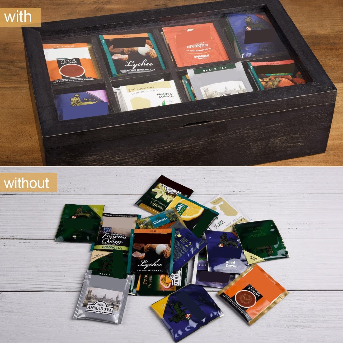 Alsonerbay Wooden Tea Box Tea Bag Holder Kitchen Storage Chest Box for Spice Pouches and Sugar Packets with 8 Compartments and Glass Window Weathered Black