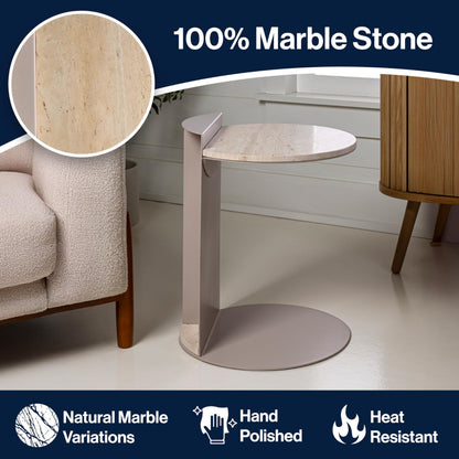 JONATHAN Y Evelyn Modern Natural Marble C-Shaped End Table, 20" Round Side Snack Table with Matte Pink Beige Iron Frame for Living Room, Small Accent Table for Sofa MTB1102A