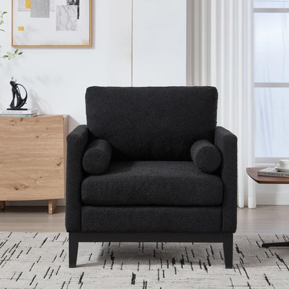 KEIKI 35.4" W Accent Chair with 2 Pillows, Farmhouse Boucle Upholstered Single Sofa with Wood Legs for Living Room & Office, Black