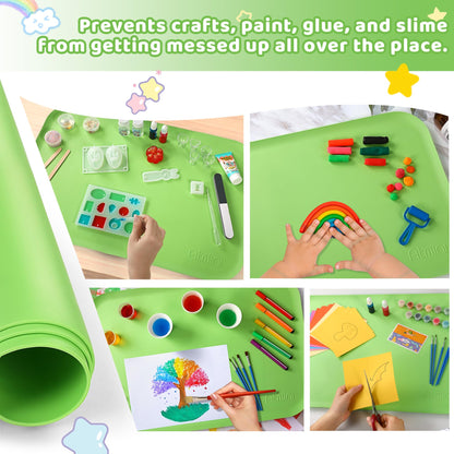 AtMini Silicone Craft Mats for Kids 24"x16"– with Raised Lip & Non-Slip | Reusable Silicone Art Mat for Play Sand, Painting, DIY Crafts | Durable Design (Green)