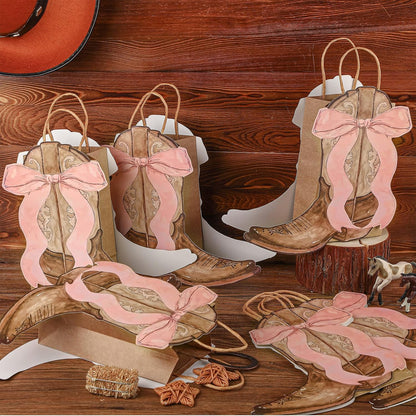 Sinload Western Gift Bags - Cowgirl Cowboy Boots Design with Pink Bow Handles | Perfect for Birthday Party Favors (Brown Style)