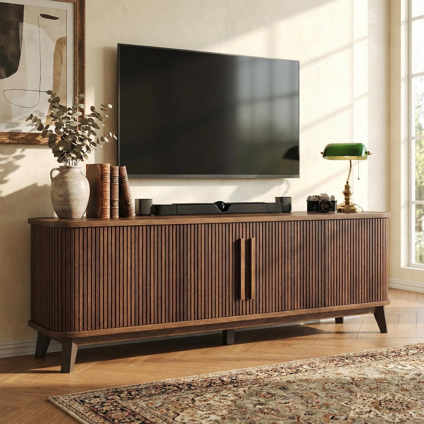 66" Mid Century Modern TV Stand, Wood Curved Entertainment Center for TVs up to 80" with Sliding Doors & Adjustable Shelves, Media Console with Storage & Solid Wood Leg for Living Room, Walnut