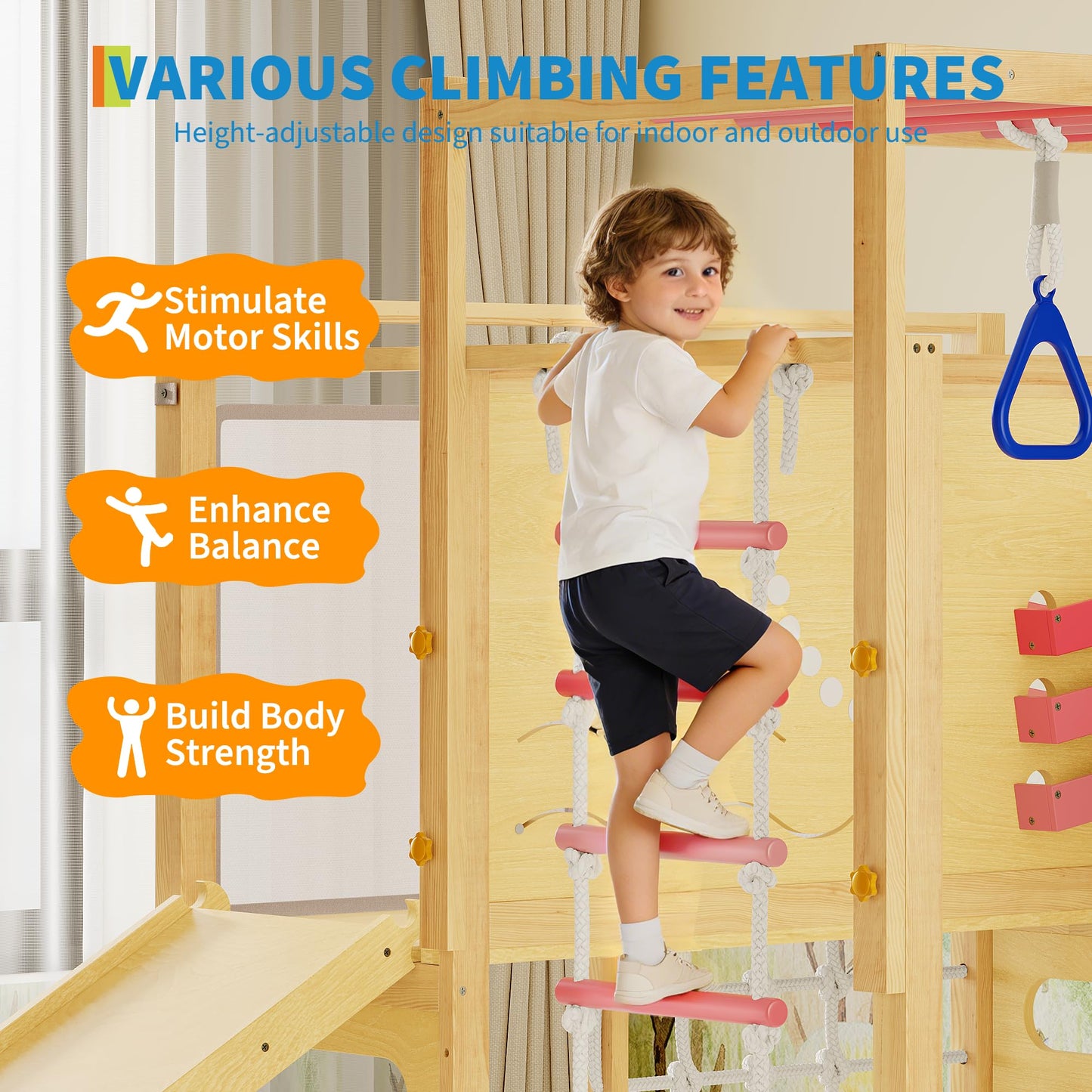 9-IN-1 Outdoor Indoor Jungle Gym, Montessori Wooden indoor playground for kids 2-8, Wooden Climbing Structure with Slide, Monkey Bars, Rope Ladder, Rock Wall, Climbing Net, Rings - Natural Wood Pink