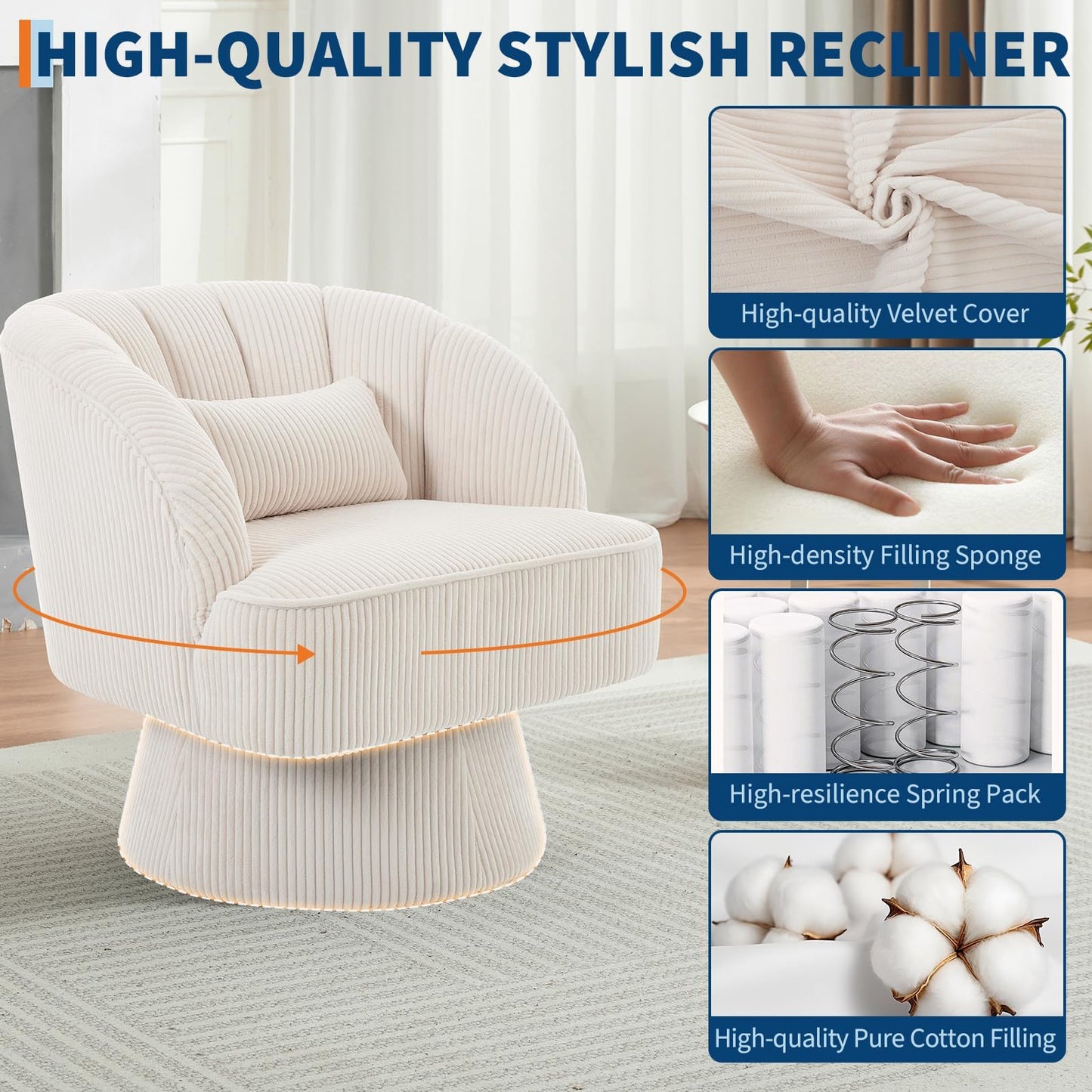 GAOMON Modern Swivel Barrel Accent Chair, 360° Corduroy Upholstered Armchair with Striped Backrest & Plush Padding, Comfy Round Lounge Chair for Living Room, Bedroom, Reading Nook - Beige