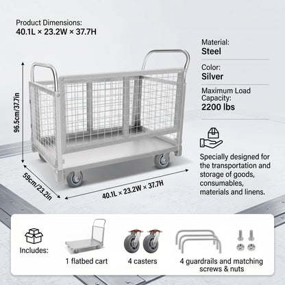 4-in-1 Platform Truck Cart with Cage, Heavy Duty Foldable Flatbed Push Cart with Swivel Casters, 2200 LBS Steel Load Capacity for Warehouse Commercial Industrial Cargo Storage & Transport