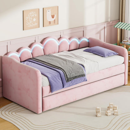 Merax Twin XL Size Upholstered Daybed with Trundle & Adjustable LED Lights, Velvet Trundle Bed, Trundle can be Flat or Erected, Sofa Day Bed for Bedroom Guest Room, No Box Spring Needed, Pink