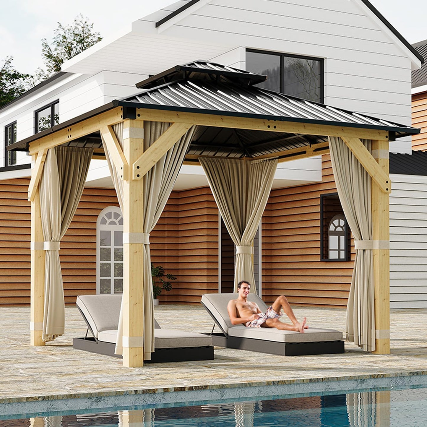 10x10 FT Outdoor Hardtop Wood Gazebo with Cedar Frame, Double Galvanized Steel Roof, Patio Pavilion with Curtains, Mesh Netting & Ceiling Hook for Backyard, Deck, Lawn, Garden